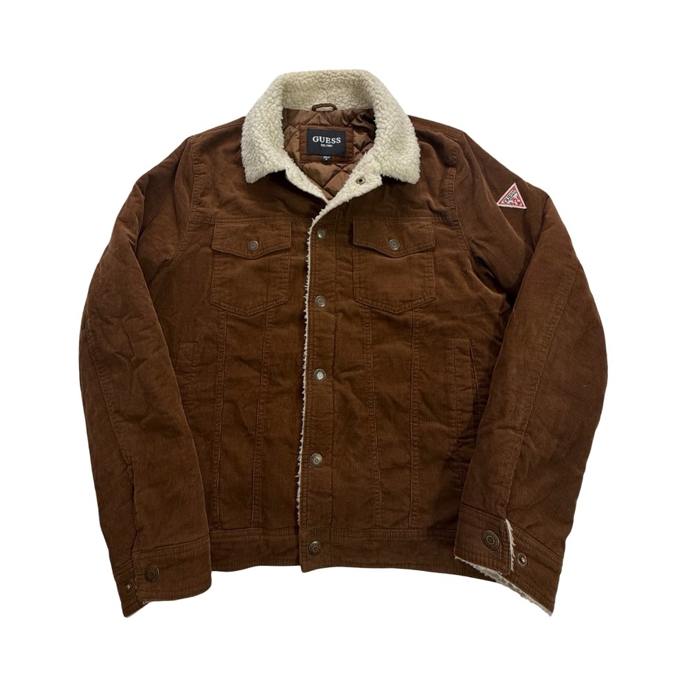 Guess Corduroy Trucker Jacket Mens M Brown Sherpa Lined Quilted Western